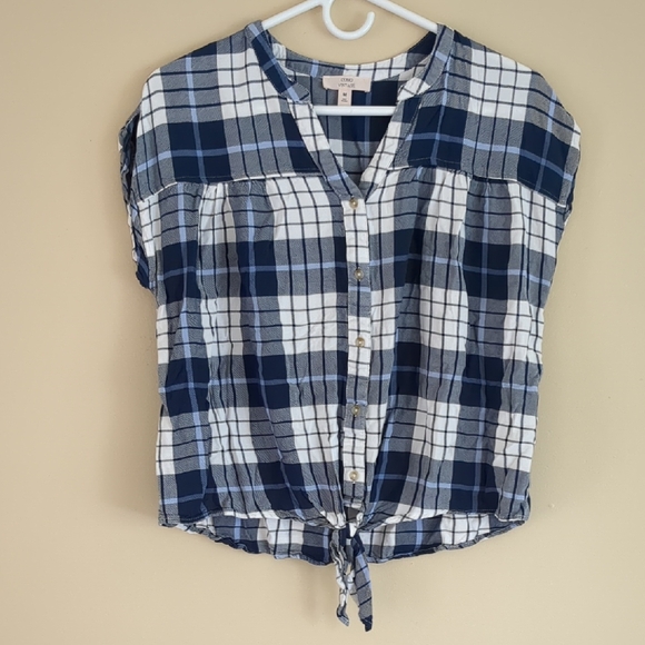 Medium Como Vintage Blue And White Plaid Shirt Top Tie At Waist - Picture 1 of 13